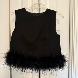 Black Sleeveless Top with Feather Trim